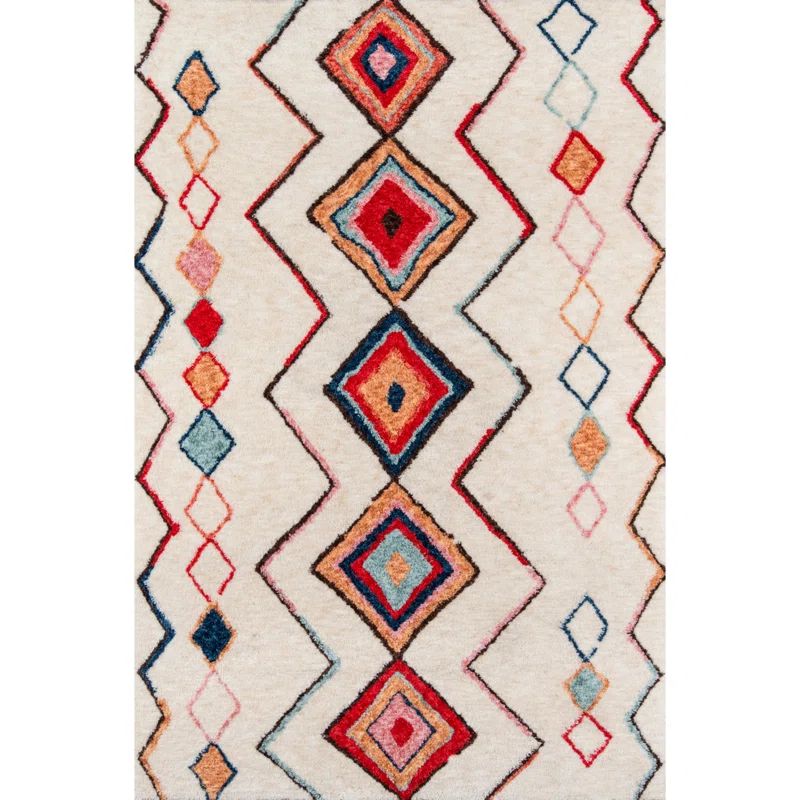 Vibrant Geometric Red Synthetic 7'6" x 9'6" Tufted Area Rug