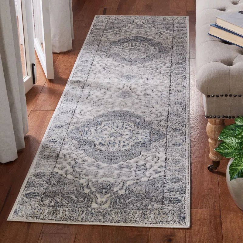 Gray Medallion Stain-Resistant Synthetic Runner Rug