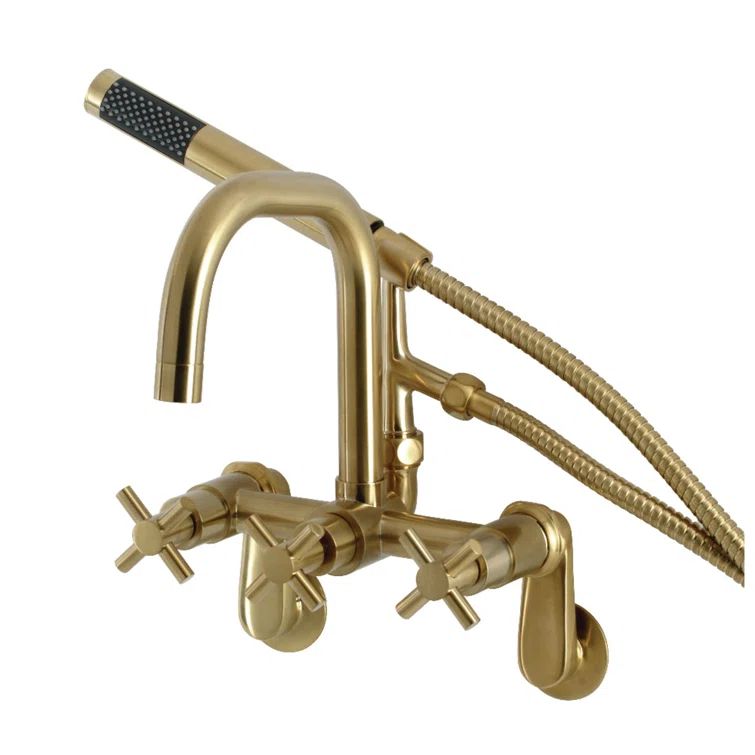 Brushed Brass Wall Mount Clawfoot Tub Faucet with Handheld Shower