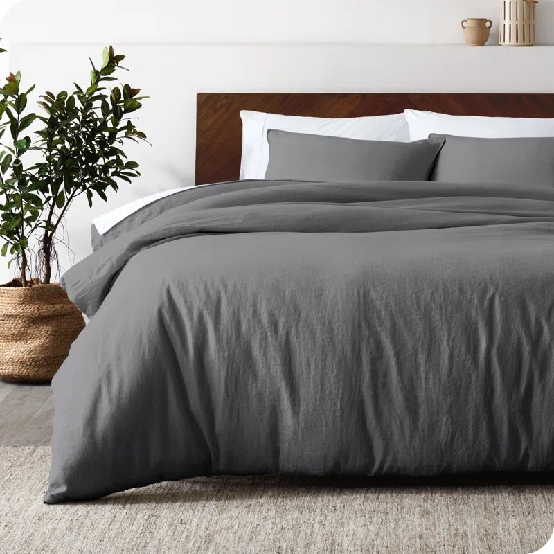 Twin/Twin XL Dark Gray Linen Duvet Cover Set with Pillow Sham