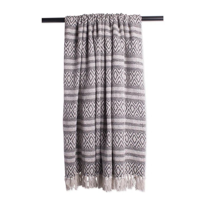 Navy and Off-White Cotton Striped Throw Blanket with Fringe