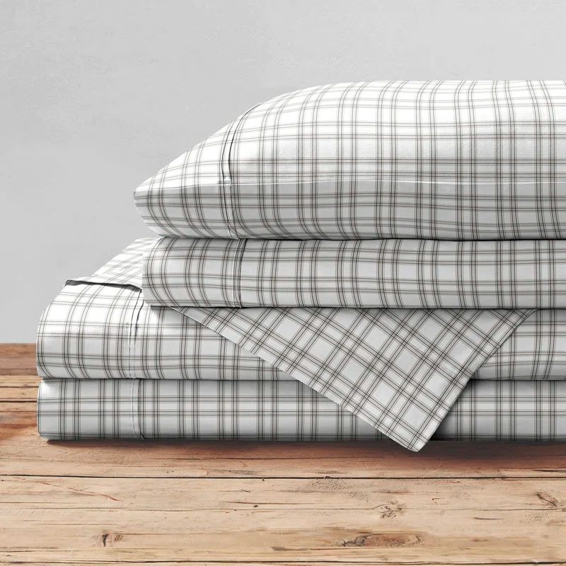Gray Plaid Full Cotton Percale Sheet Set