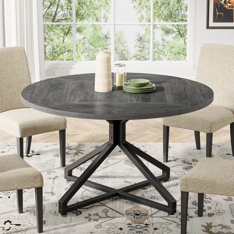 47-Inch Gray Wood Round Dining Table with Metal Pedestal Base