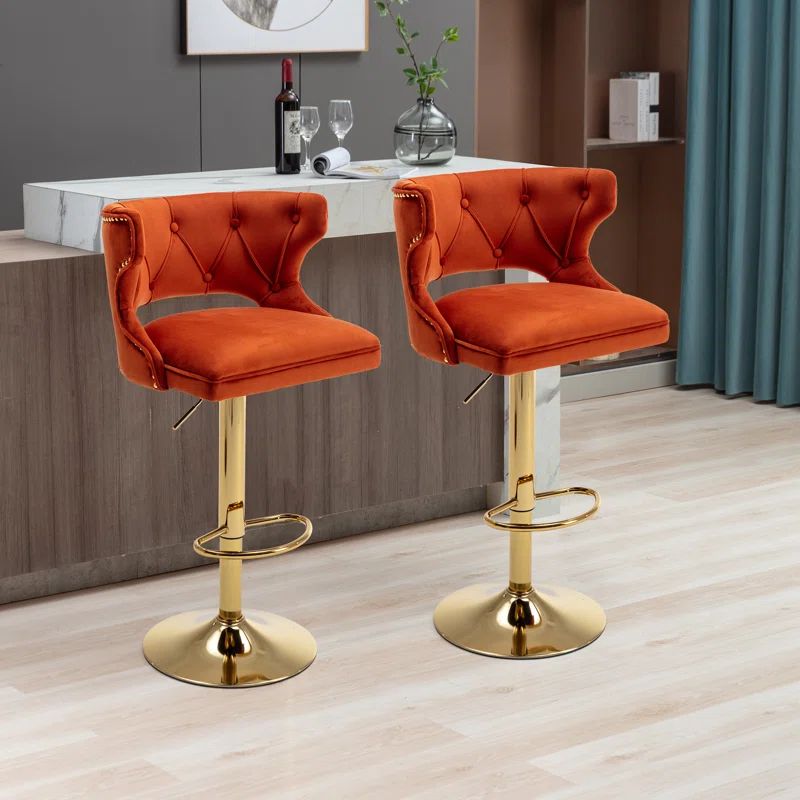 Beige Velvet Swivel Adjustable Height Counter Stools with Gold Base