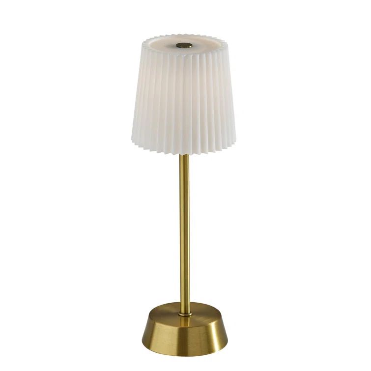 Compact White Pleated Gold Cordless LED Outdoor Table Lamp