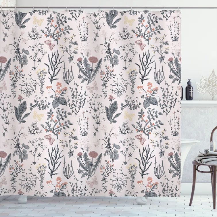 Vintage Botanical Floral Fabric Shower Curtain with Hooks