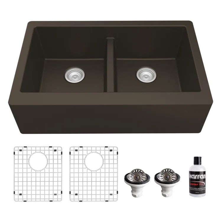 Brown Quartz Double Bowl Farmhouse Apron Front Kitchen Sink Kit