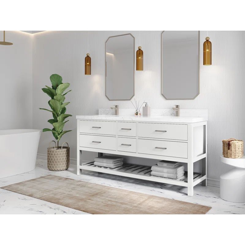 Parker 72" White Solid Wood Double Sink Vanity with Carrara Marble Top