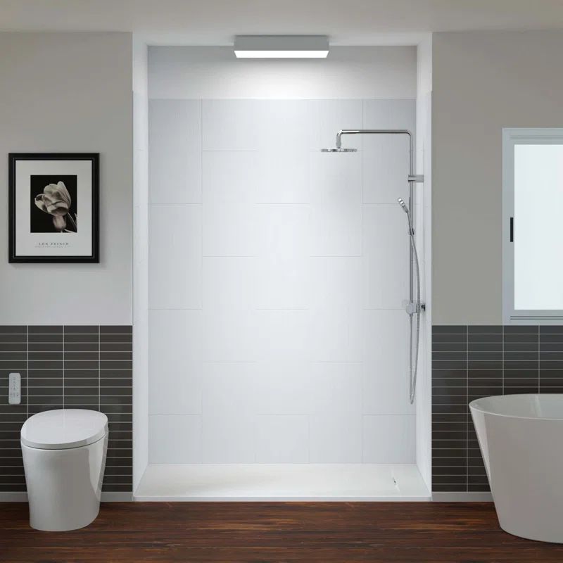 60'' White Solid Surface Alcove Shower Kit with Brushed Nickel Trim