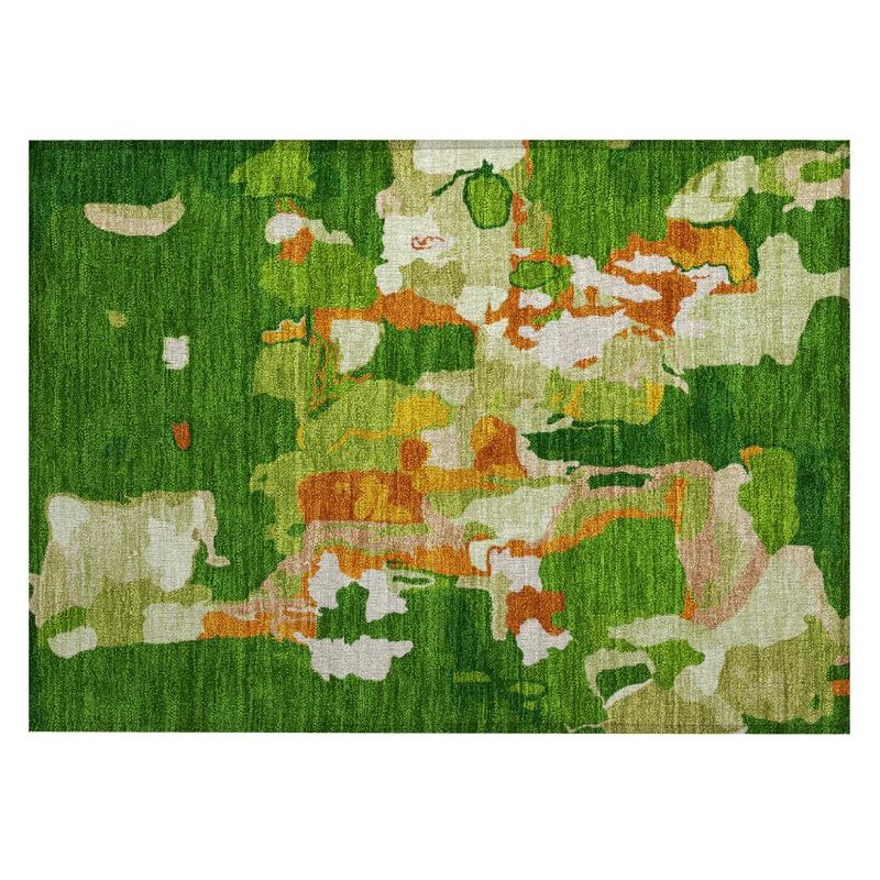 Green Abstract Washable Synthetic Rectangular Rug