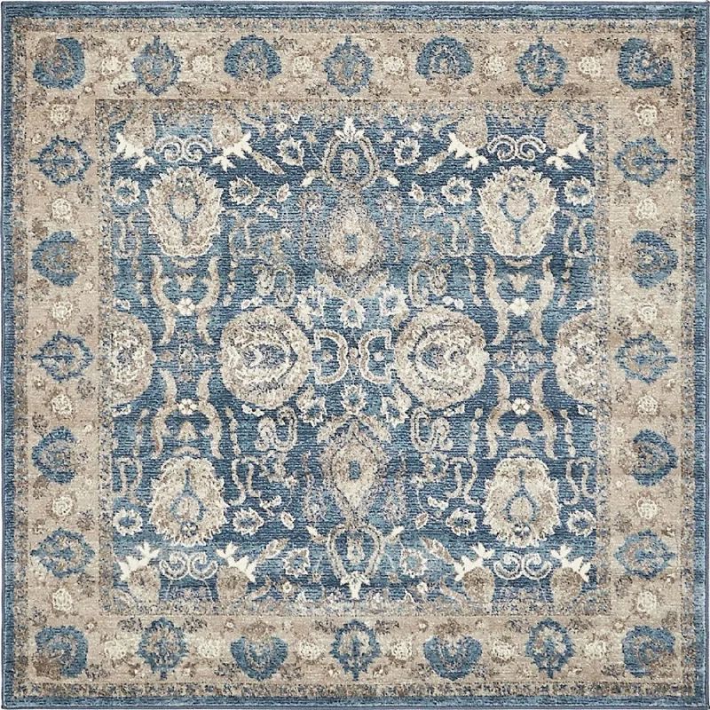 Light Blue Floral Synthetic Square Rug, 5' x 5'