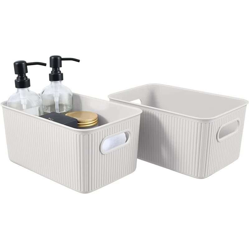 White Ribbed Plastic Storage Basket Organizer, Small