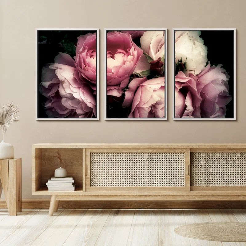 Large Framed Geometric Pink and White Peony Canvas Print Set