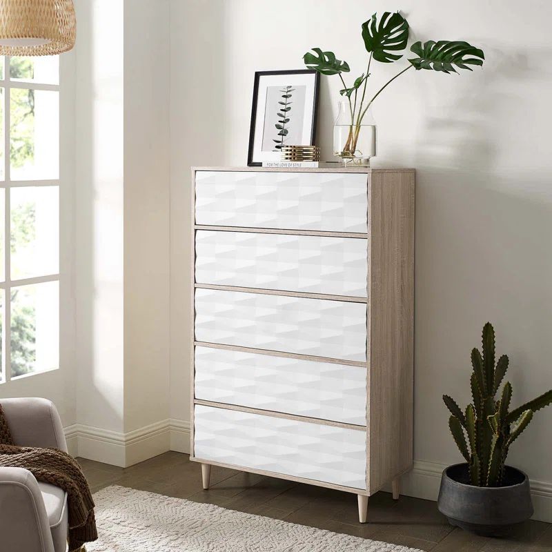 Vespera Oak and White 5-Drawer Chest with Grooved Wave Design