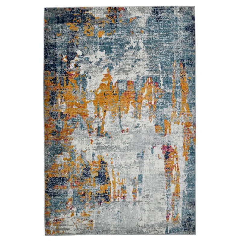 Blue and Orange Abstract Rectangular Stain-Resistant Rug