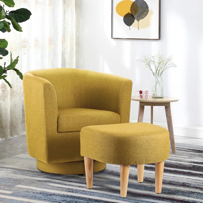 Yellow Linen Swivel Barrel Chair with Ottoman