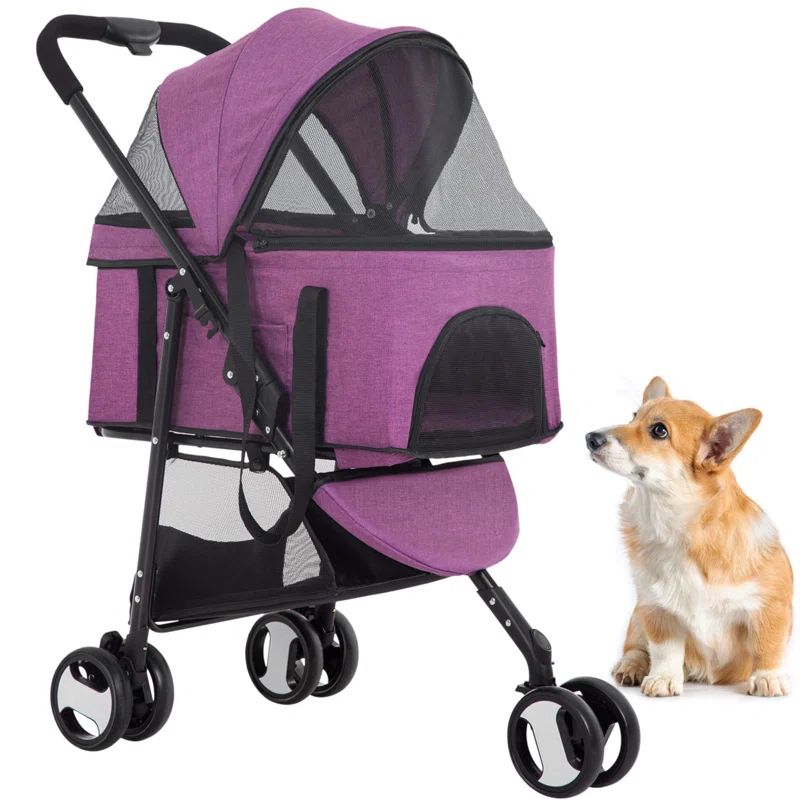 Purple 3-in-1 Stainless Steel Pet Stroller with Detachable Carrier