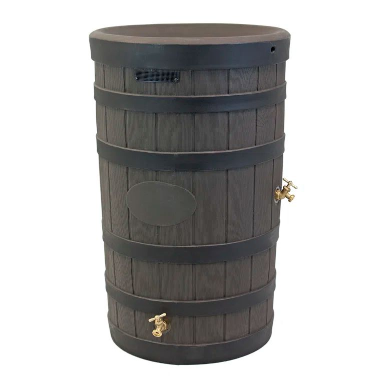50 Gallon Dark Oak Plastic Rain Barrel with Brass Spigots