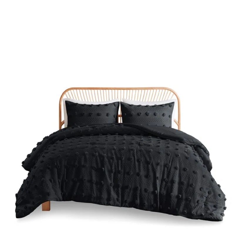Black Twin/Twin XL Jacquard Duvet Cover Set with Pom-pom Details
