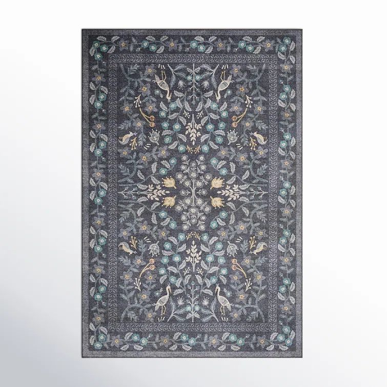 Nightingale Black Synthetic Runner Rug with Botanical Design
