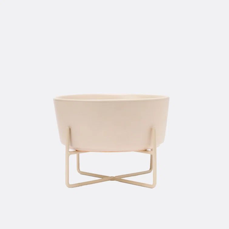 Large Matte Buttercream Ceramic Dog Bowl with Iron Stand