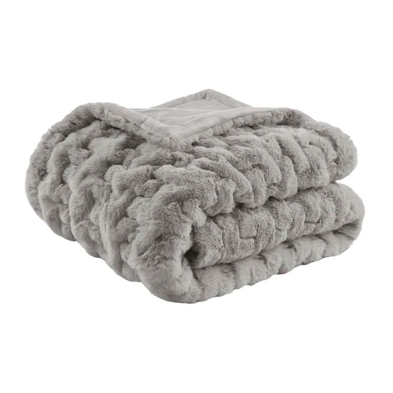 Gray Ruched Faux Fur Reversible Throw Blanket 50x60"