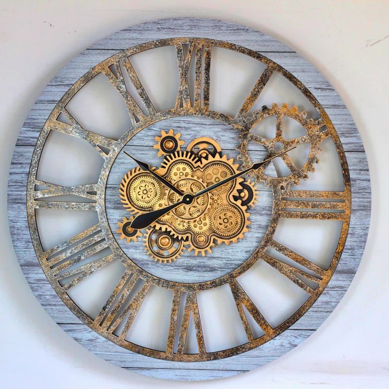 Oversized 36" Round Rustic Wood Wall Clock with Moving Gears