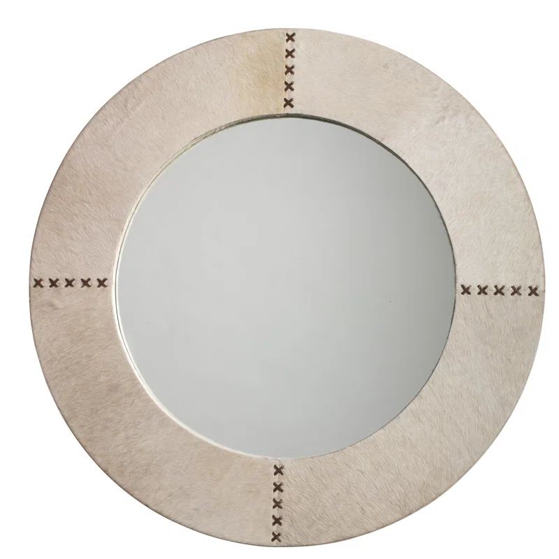 Whip-Stitched White Hide & Chocolate Leather Round Vanity Mirror