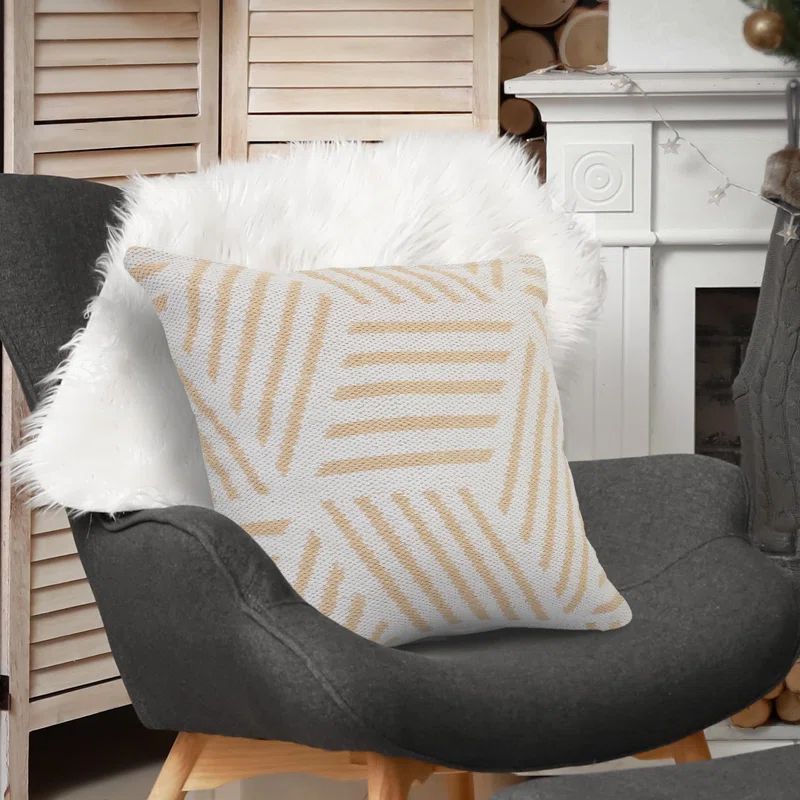 Tan and White Geometric Striped Cotton Square Throw Pillow