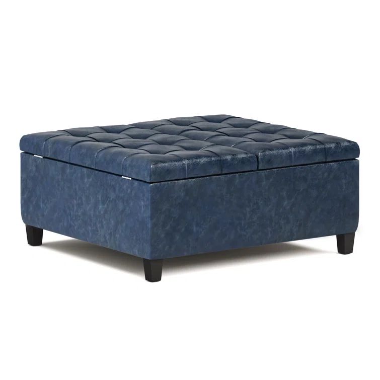 Denim Blue Faux Leather Tufted Cocktail Storage Ottoman, 36 Inch