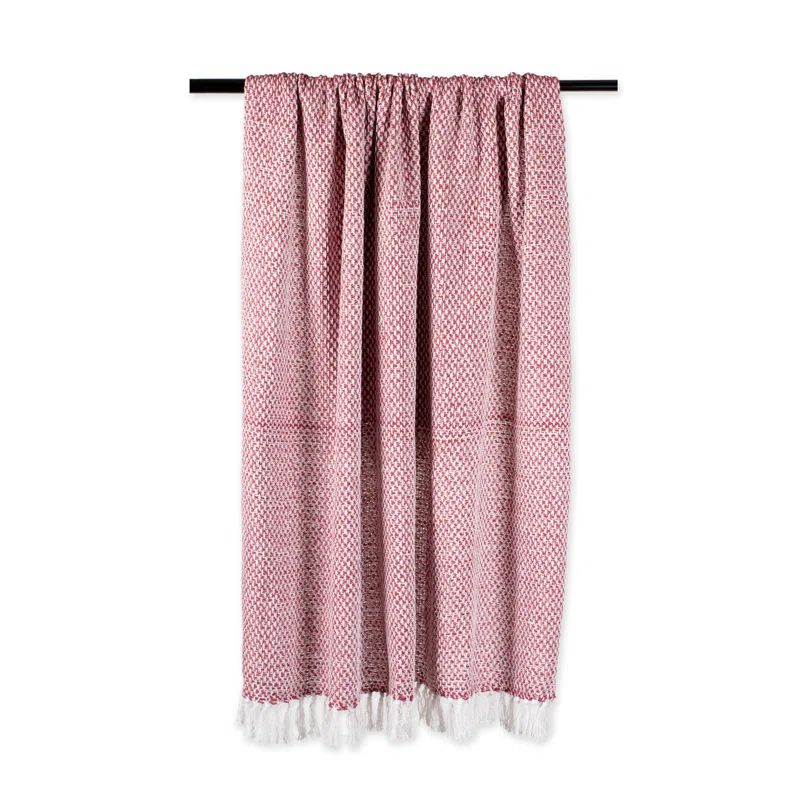 Barn Red Cotton Woven Throw with Sherpa Fringe