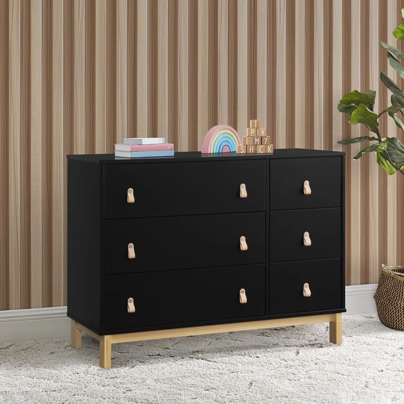 Ebony and Natural Pine 6 Drawer Nursery Dresser with Leather Pulls