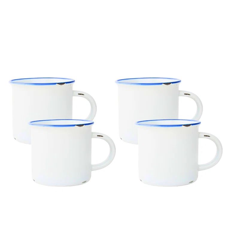 White Ceramic Coffee Mugs with Blue Rim, Set of 4