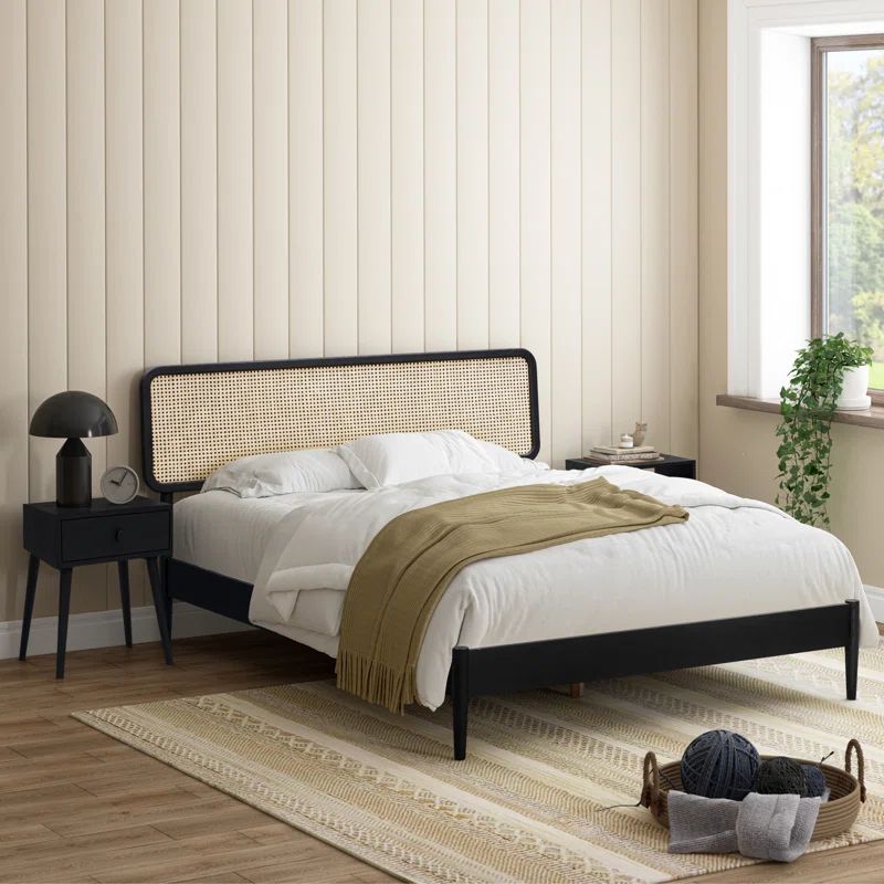 Burnt Black Oak Queen Bed Frame with Rattan Headboard