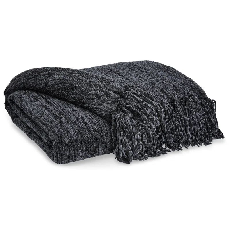 Ashley Tamish Cozy Knotted Fringe Black Polyester Throw, 50" x 60"