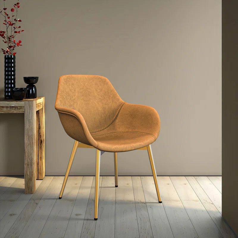 Mid Century Modern Light Brown Metal Armchair with Gold Legs