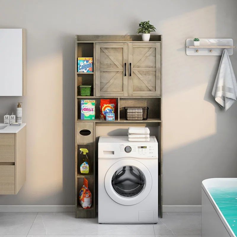 Dark Gray Farmhouse Over-The-Toilet Storage Cabinet with Barn Doors