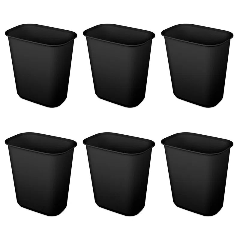 Sterilite 5.5 Gallon Black Plastic Rectangular Wastebasket, 6-Pack