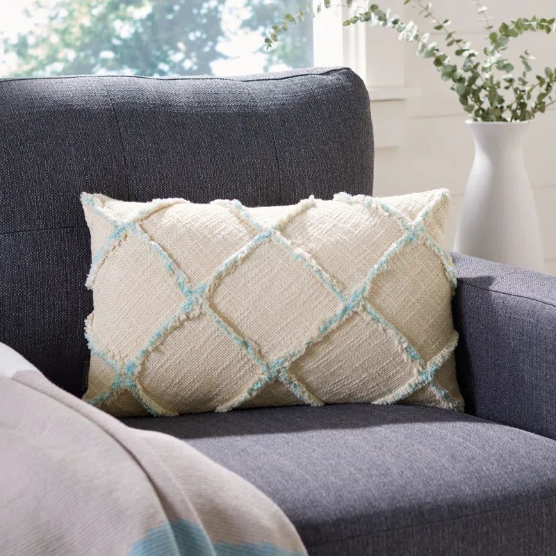 Ashlin Beige and Teal Fringed Cotton Throw Pillow