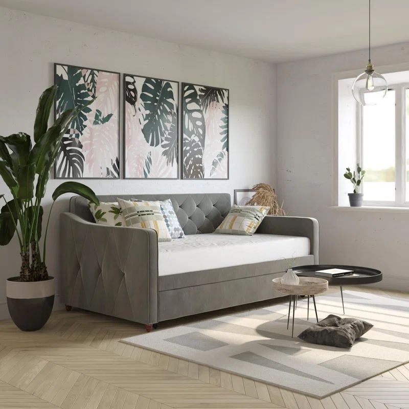 Twin Gray Velvet Upholstered Daybed with Tufted Backrest