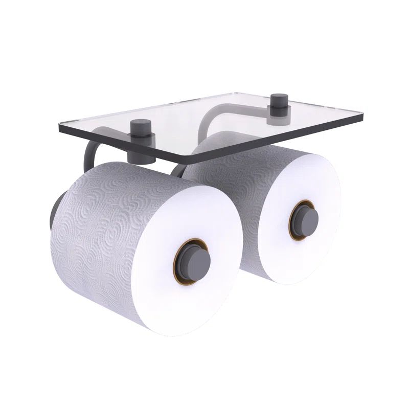 Matte Gray Brass Toilet Paper Holder with Glass Shelf