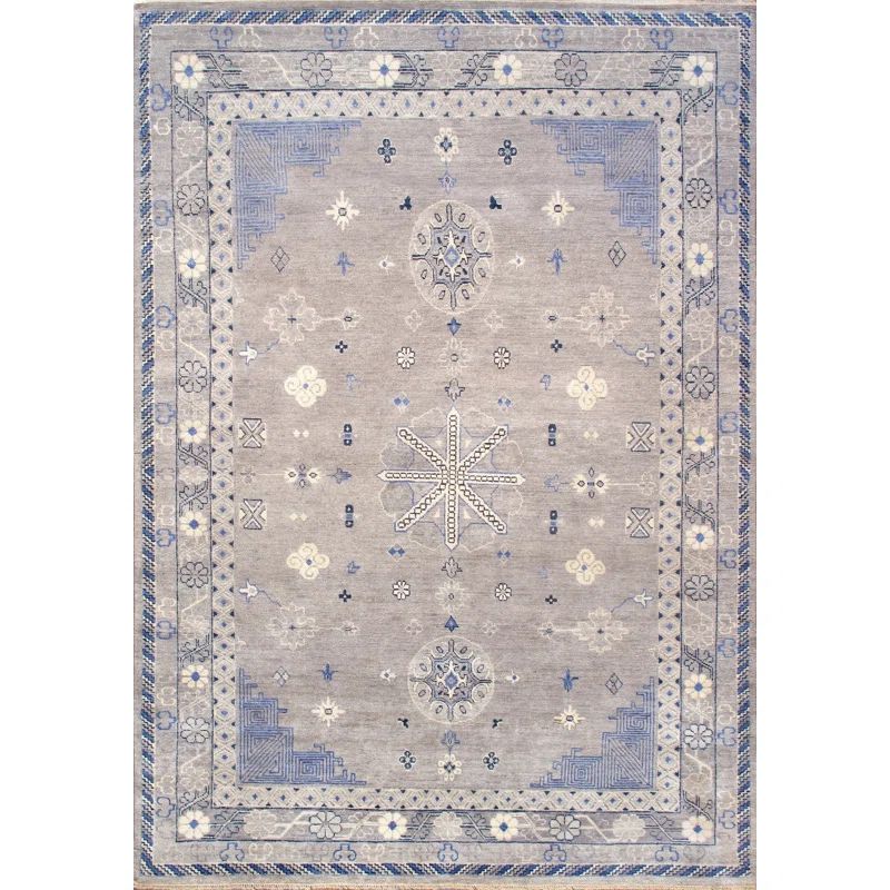 Khotan Silver and Blue Hand-Knotted Wool Oriental Rug