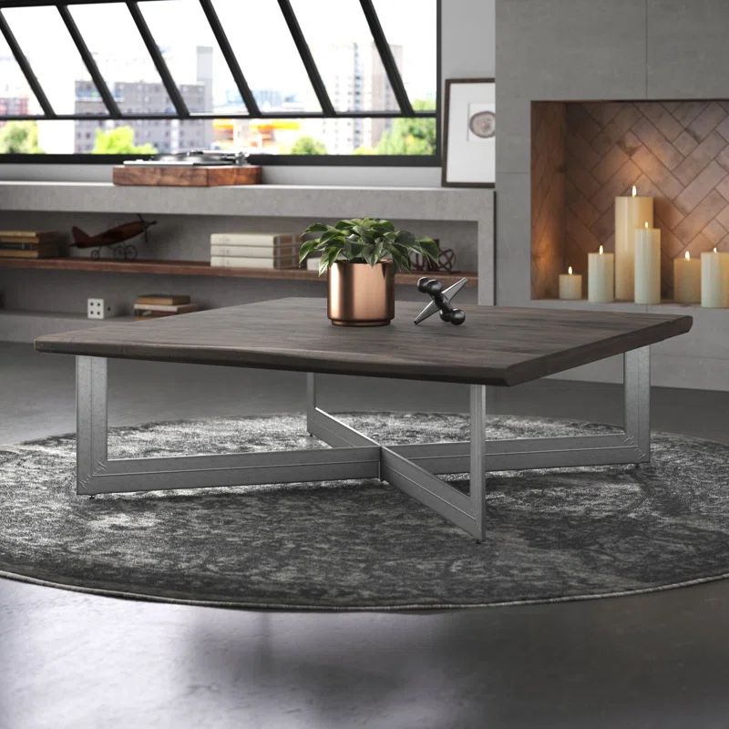 48'' Square Walnut Brown Acacia Wood and Metal Outdoor Coffee Table
