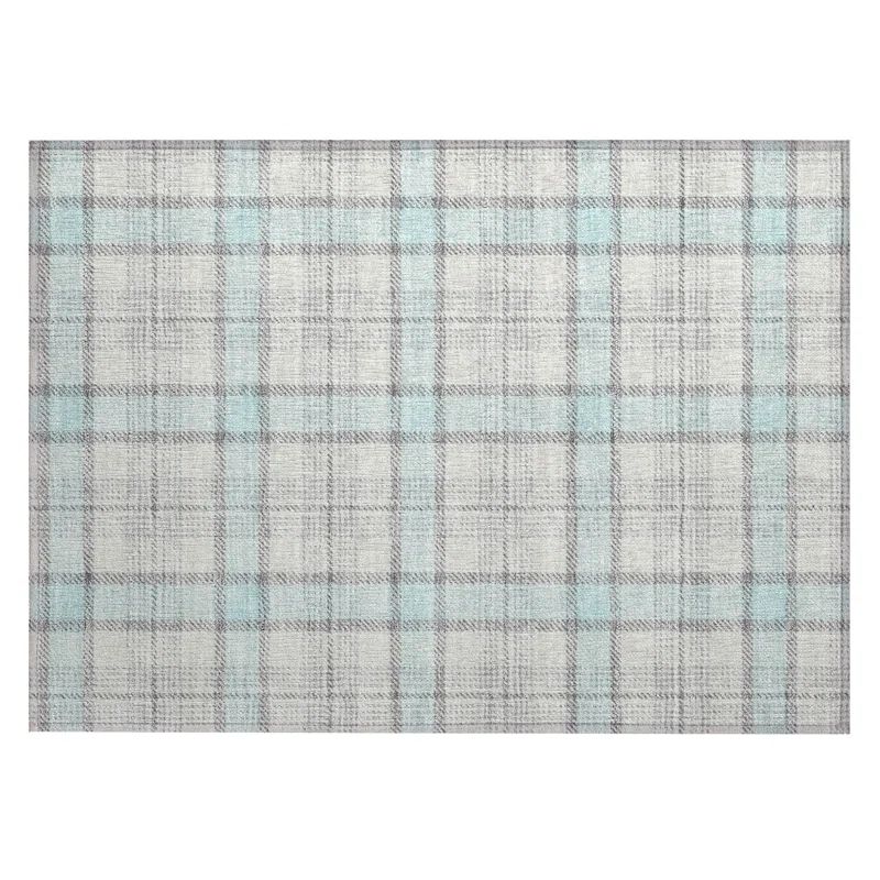 Sky Blue Plaid Machine Washable Synthetic Indoor/Outdoor Rug