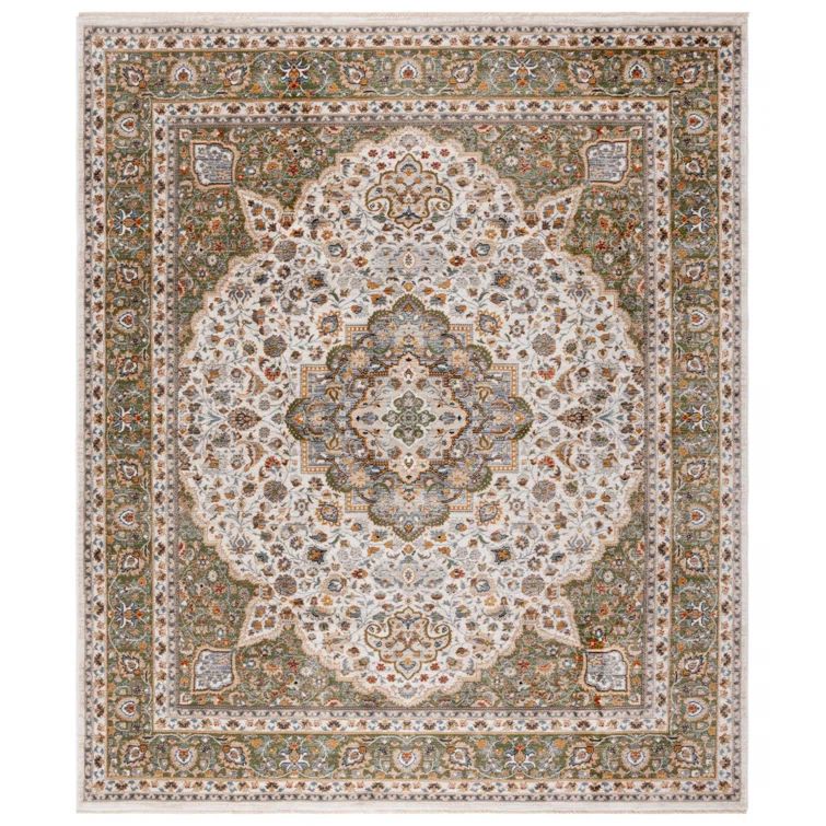 Hand-knotted Ivory and Green Synthetic Oriental Rug 5' x 7'