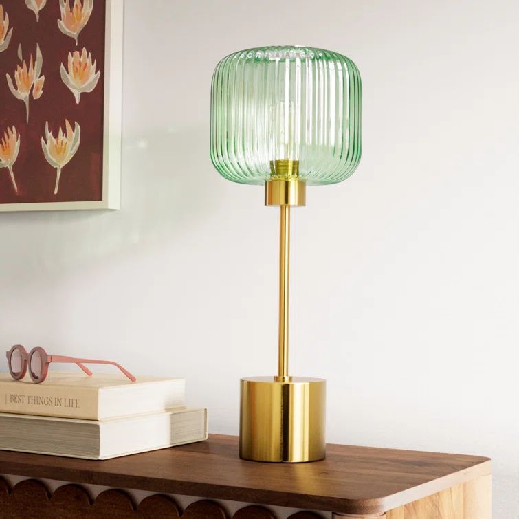 21.25" Gold Metal Table Lamp with Green Glass Shade