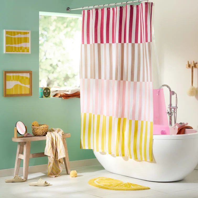 Adeline Pink Beige Yellow Cotton Stripe Shower Curtain 70" x 72"