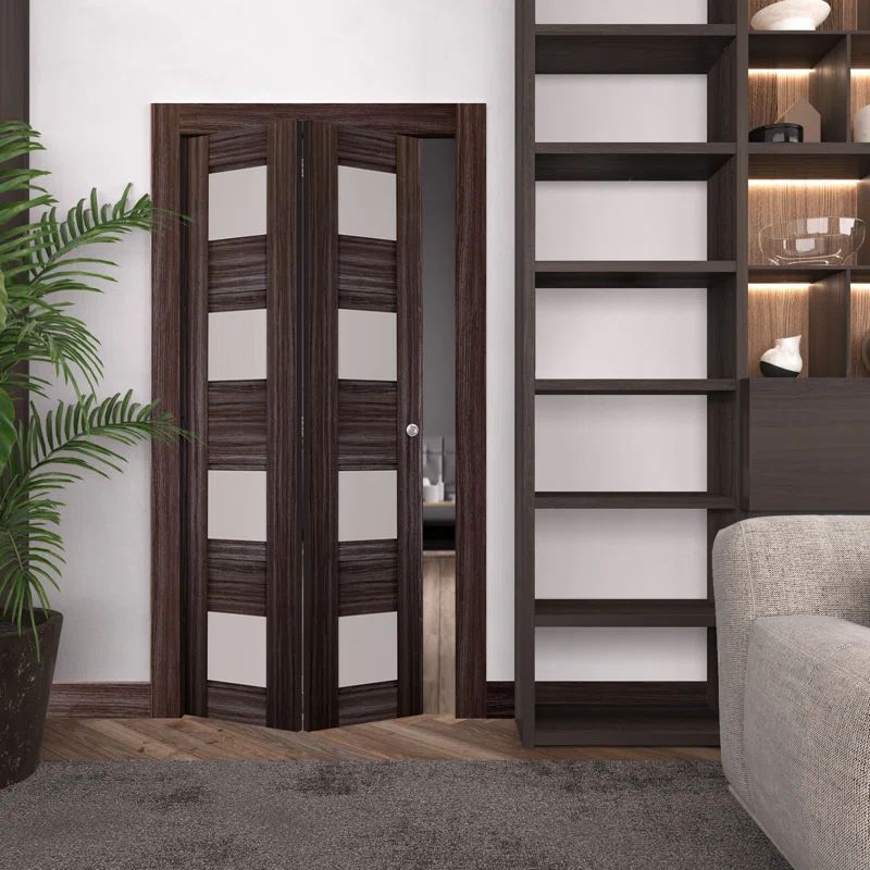Della 48" x 79.38" Dark Brown Pine Bi-Fold Door with Frosted Glass
