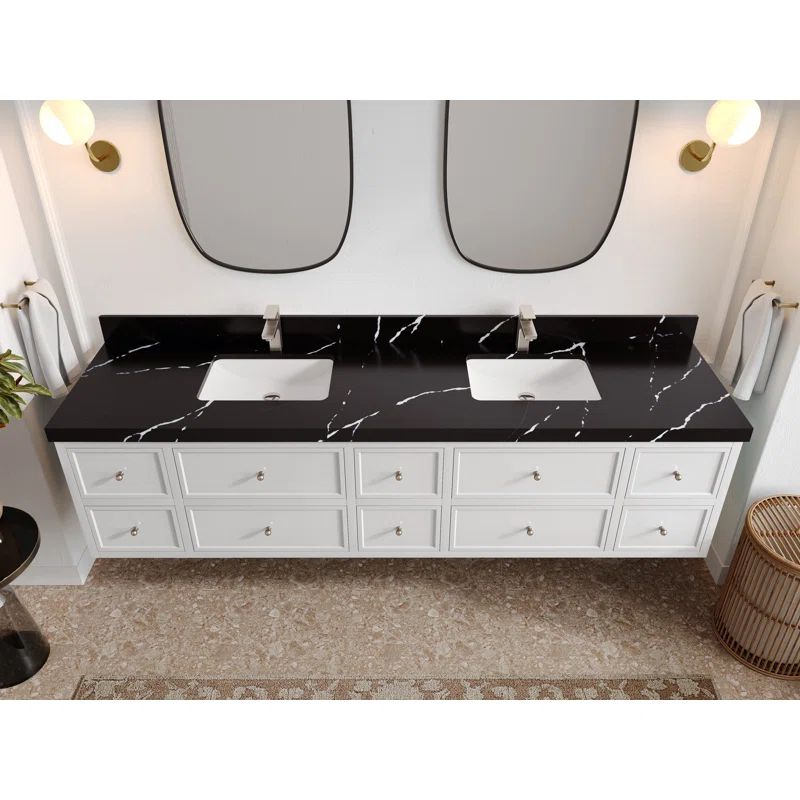 Roswell 84" Double Sink Freestanding White Vanity with Black Marble Top