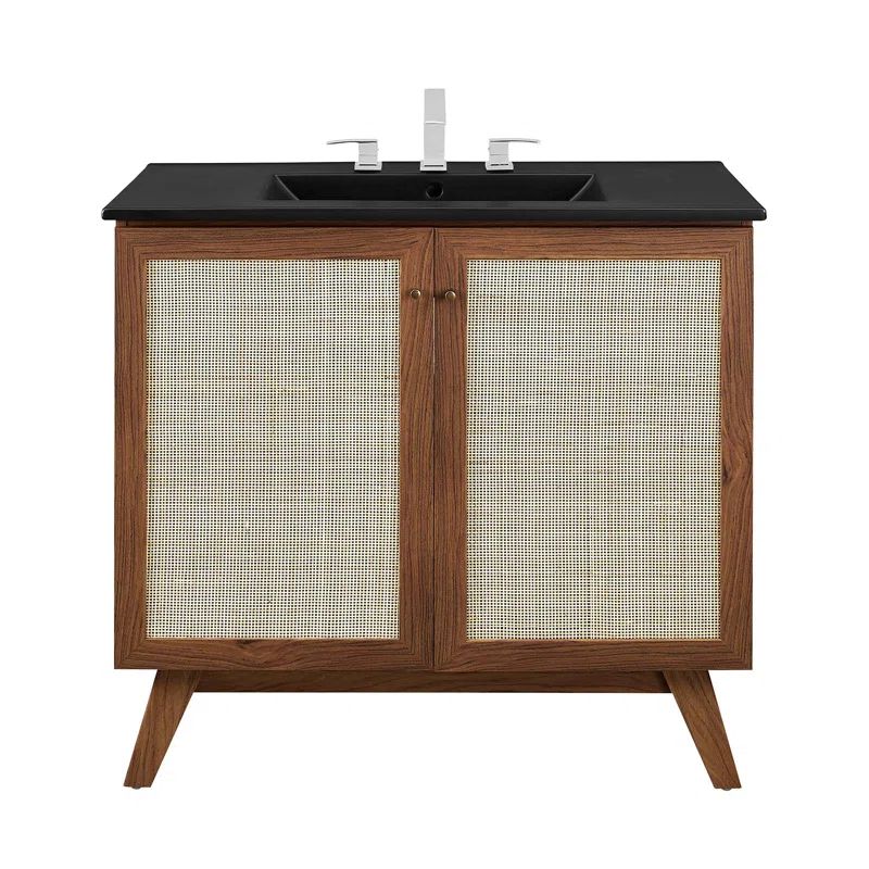 Soma 36'' Walnut Black Freestanding Bathroom Vanity with Rattan Weave
